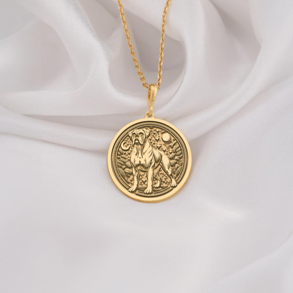 14K Solid Gold Boxer Dog Medallion featuring noble canine with muscular stance and celestial elements. Detailed working breed talisman with distinctive face, cropped ears and strong body. Luxury pet jewelry gift symbolizing loyalty and protection.