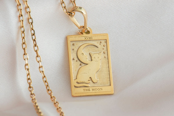 14K Solid Gold The Moon Tarot Card Necklace, Tarot Reading Rectangle Charm, Dainty Tarot Moon Charm, The Moon Necklace