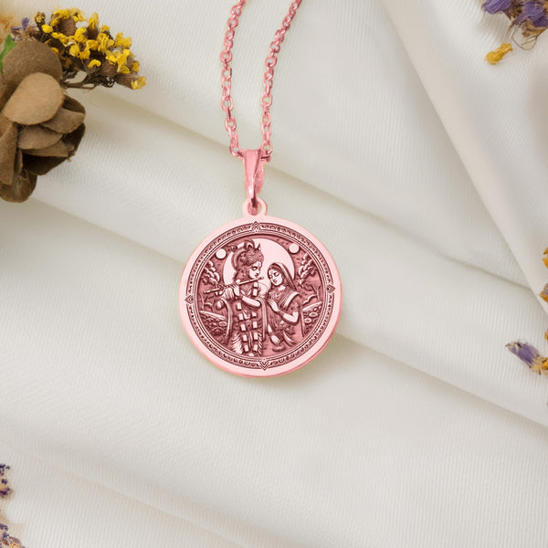 Krishna Radha pendant reflects the beauty of eternal love. With Krishna playing the flute for Radha, this medallion combines romantic and spiritual elements, making it a perfect jewelry piece for any meaningful occasion