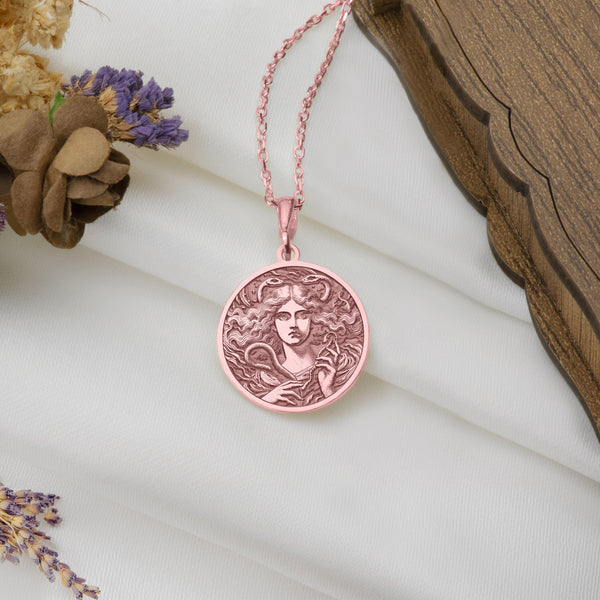Rose gold plated Lilith necklace pendant, a symbol of strength and feminine mystique. This delicate charm suits layering, offering a unique touch for daily wear. Perfect as a gift, blending elegance with Lilith’s empowering mythology.