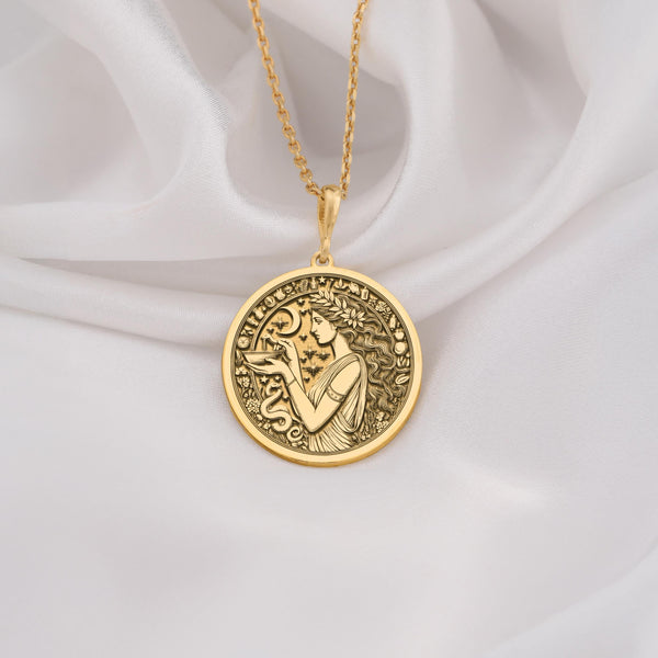 14K Solid Gold Hygieia medallion necklace honoring the goddess of health and healing, a timeless Greek coin piece for strength and care.