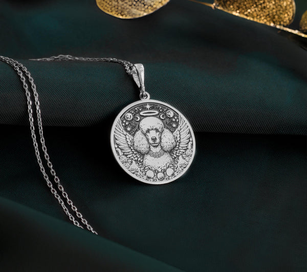 925 Sterling Silver Poodle Angel Pendant with detailed memorial design. Handcrafted silver coin charm featuring beloved curly-coated breed with wings, halo and celestial elements. Rainbow bridge jewelry celebrating eternal bond.
