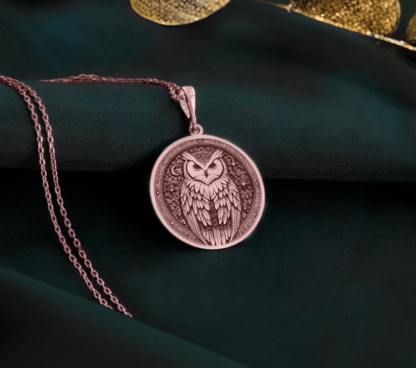 Rose Gold Plated Owl Pendant with medallion design. Warm-toned wisdom symbol charm with detailed feathers and expressive eyes. Spiritual animal talisman jewelry, perfect gift for graduation or special occasion.