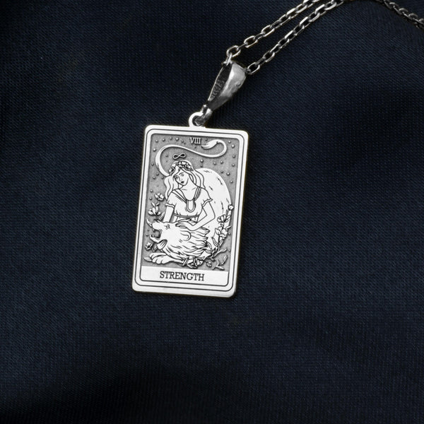 Strength Tarot Card Charm Necklace, 14K Solid Gold Tarot Charm, Strength Tarot Card Silver Charm Necklace, Personalized Tarot Card Charm