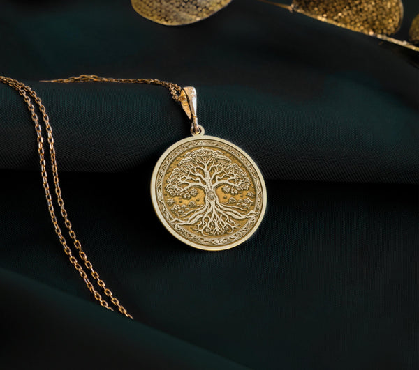 Gold Tree of Life Pendant, Gold Yggdrasil Necklace, Gold Bodhi Tree Jewelry, Gold Tree of Knowledge Charm, Gold Kalpavriksha Pendant, Gold Spiritual Necklace, Gold Cosmic Tree Jewelry, Gold Symbolic Growth Charm, Gold Nature Pendant, Gold Charm