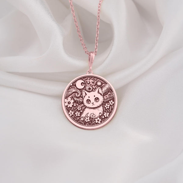 Rose gold plated cat pendant inspired by Van Gogh, combining elegance and artistry. A beautiful gift for cat lovers, art enthusiasts, or special occasions like birthdays and anniversaries. Lightweight and stylish for everyday wear.