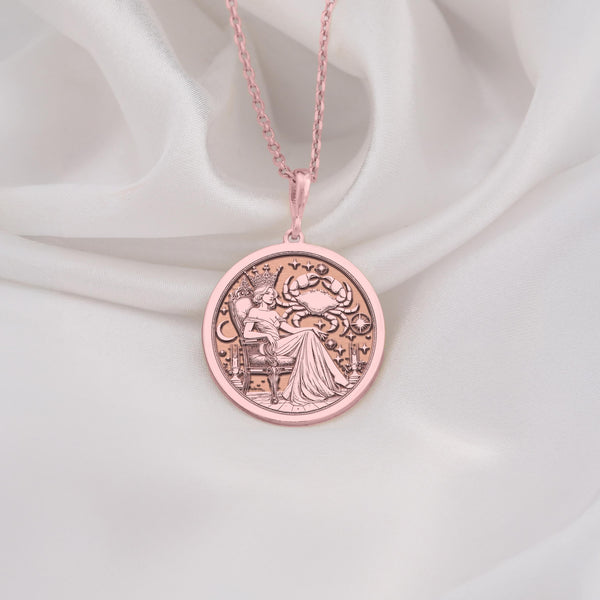 Rose Gold Plated Cancer Zodiac Queen Medallion featuring Cancer constellation with royal crab symbol and celestial elements. Elegant astrology jewelry with detailed Cancer goddess. Warm-toned zodiac talisman, perfect Cancer gift.