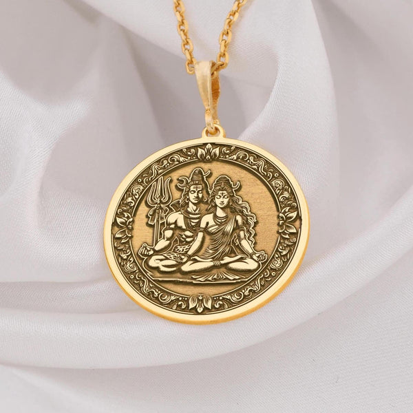 14k Solid Gold Shiva Parvati Meditation Necklace, perfect for spiritual couples seeking divine connection. Hindu God Necklace, symbolizing love and protection, this sacred jewelry is ideal for yogis and meditators.