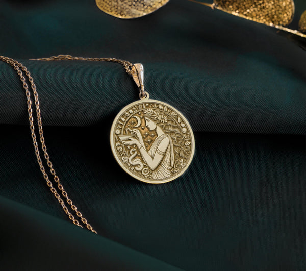 14K Gold Plated Hygieia necklace engraved with the goddess of wellness, symbolizing healing, balance, and ancient spiritual protection.