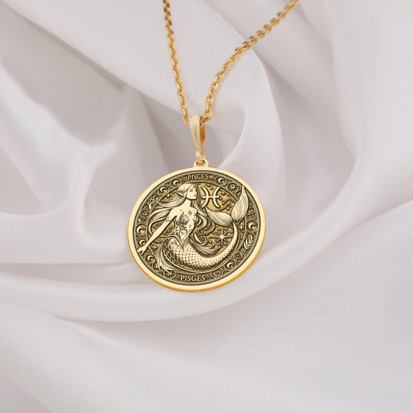 Elegant 14k Gold Pisces Zodiac Necklace featuring a detailed mermaid design. Perfect astrology gift for Pisces women. Handmade, timeless jewelry for birthdays, anniversaries, or special occasions.