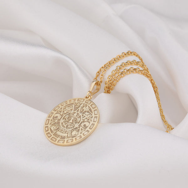 14K Solid Gold Aztec Calendar Pendant, Mayan Gold Jewelry, Perpetual Calendar Necklace, Aztec Calendar Coin Charm , Silver Mayan Necklace