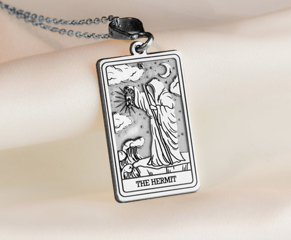 Silver hermit tarot pendant, spiritual tarot jewelry, introspection charm, hermit tarot necklace, silver tarot card pendant, tarot amulet silver, hermit card charm, esoteric silver necklace, tarot wisdom pendant