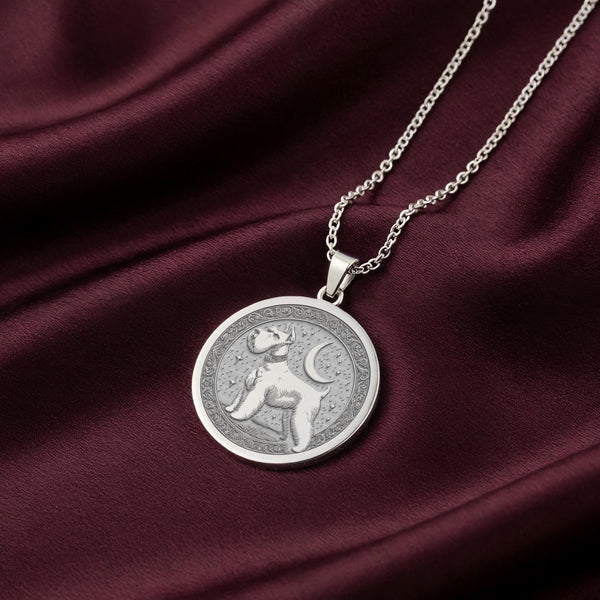 925 Sterling Silver Schnauzer medallion with a beautifully detailed engraving of the dog's side profile. This custom pet portrait pendant features the classic bearded silhouette and a decorative border. Timeless jewelry for a Schnauzer owner.