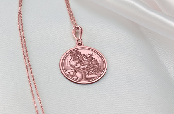 14K Solid Gold Hercules Nemean Lion Necklace, Heracles Slaying Nemean Lion, Hercules' fight with the Nemean lion, Hercules Gift Pendant