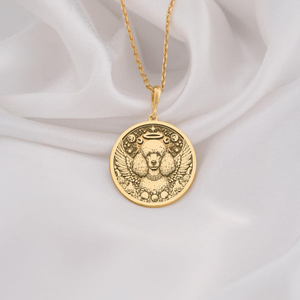 14K Solid Gold Poodle Angel Dog Medallion featuring beloved curly-coated breed with heavenly wings and halo. Detailed memorial talisman with distinctive poodle cut, celestial stars and peaceful expression. Luxury Poodle memorial jewelry gift