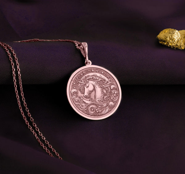 Rose Gold Plated Unicorn Necklace with Delicate Details: This stylish necklace showcases a graceful unicorn figure plated in a warm and fashionable rose gold finish. A contemporary and affordable way to express your love for unicorns and unique jewelry. The delicate design makes it a versatile accessory for various outfits and occasions.