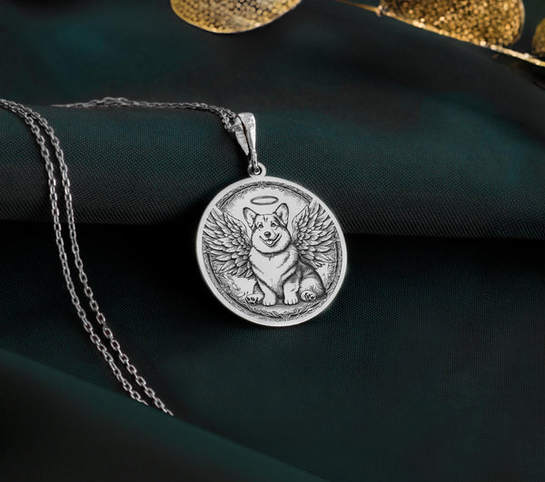 925 Sterling Silver Pembroke Welsh Corgi Angel Pendant with detailed memorial design. Handcrafted silver coin charm featuring beloved royal breed with wings, halo and ornate elements. Rainbow bridge jewelry with Corgi companions.