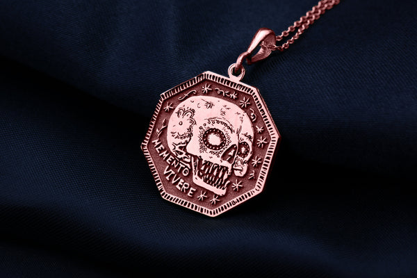 14K Solid Gold Vanitas Memento Mori Necklace, Memento Mori Vivere Gold Medallion,Silver Memento Mori Vivere Rose Gold Charm Locked Pendant