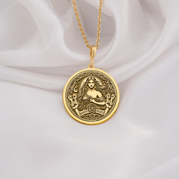 Elegant 14K Solid Gold Women’s Rights pendant, featuring a powerful feminist medallion with celestial details and an equality symbol. A stunning gold empowerment necklace, perfect for those who stand for gender equality and justice.