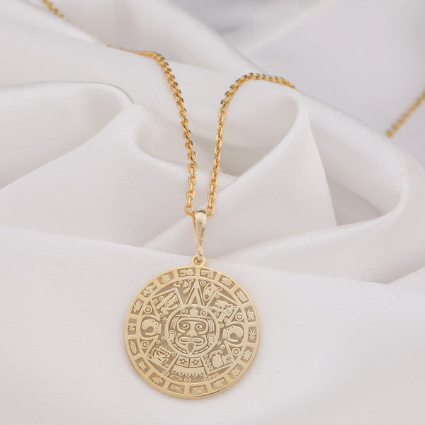 14K Solid Gold Aztec Calendar Pendant, Mayan Gold Jewelry, Perpetual Calendar Necklace, Aztec Calendar Coin Charm , Silver Mayan Necklace
