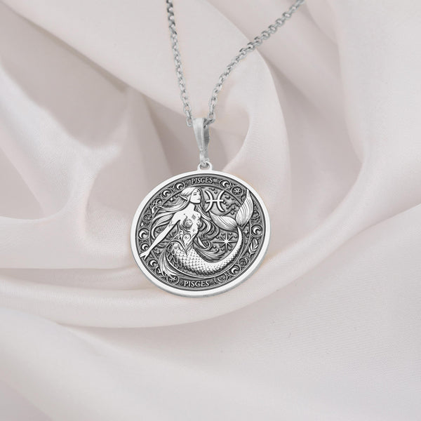 Beautiful Silver Pisces Zodiac Necklace with an artistic mermaid design. Perfect horoscope-inspired jewelry gift for Pisces women. Handmade piece, ideal for birthdays, astrology lovers, and zodiac enthusiasts.