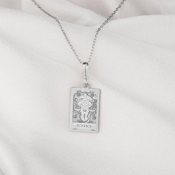 14K Solid Gold Justice Tarot Card Necklace, Tarot Reading Rectangle Charm, Dainty Justice Tarot Necklace, Silver Justice Tarot Necklace