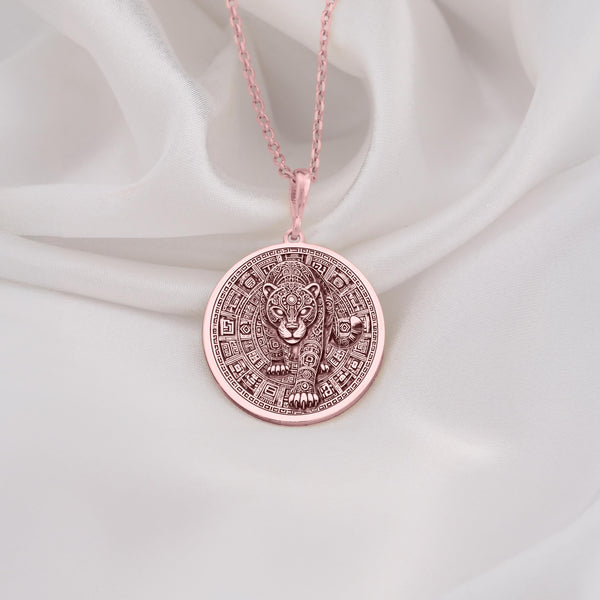 Rose gold plated jaguar pendant necklace inspired by Aztec art, blending modern elegance with bold symbolism. A stunning gift for animal lovers or anyone seeking meaningful, unique jewelry for birthdays, anniversaries, or special events.