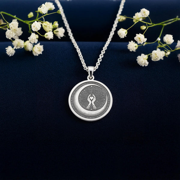 Personalized Crescent Moon Pendant Necklaces: 14K Gold Celestial Medallion, Dainty Spiritual Jewelry - View 3