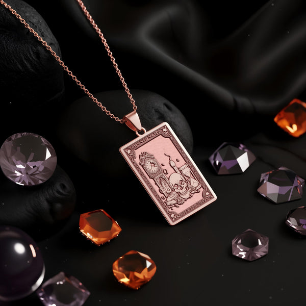 Memento Mori Necklace: 14K Gold, Skull Hourglass Tarot, Stoic Philosophy Jewelry - View 5