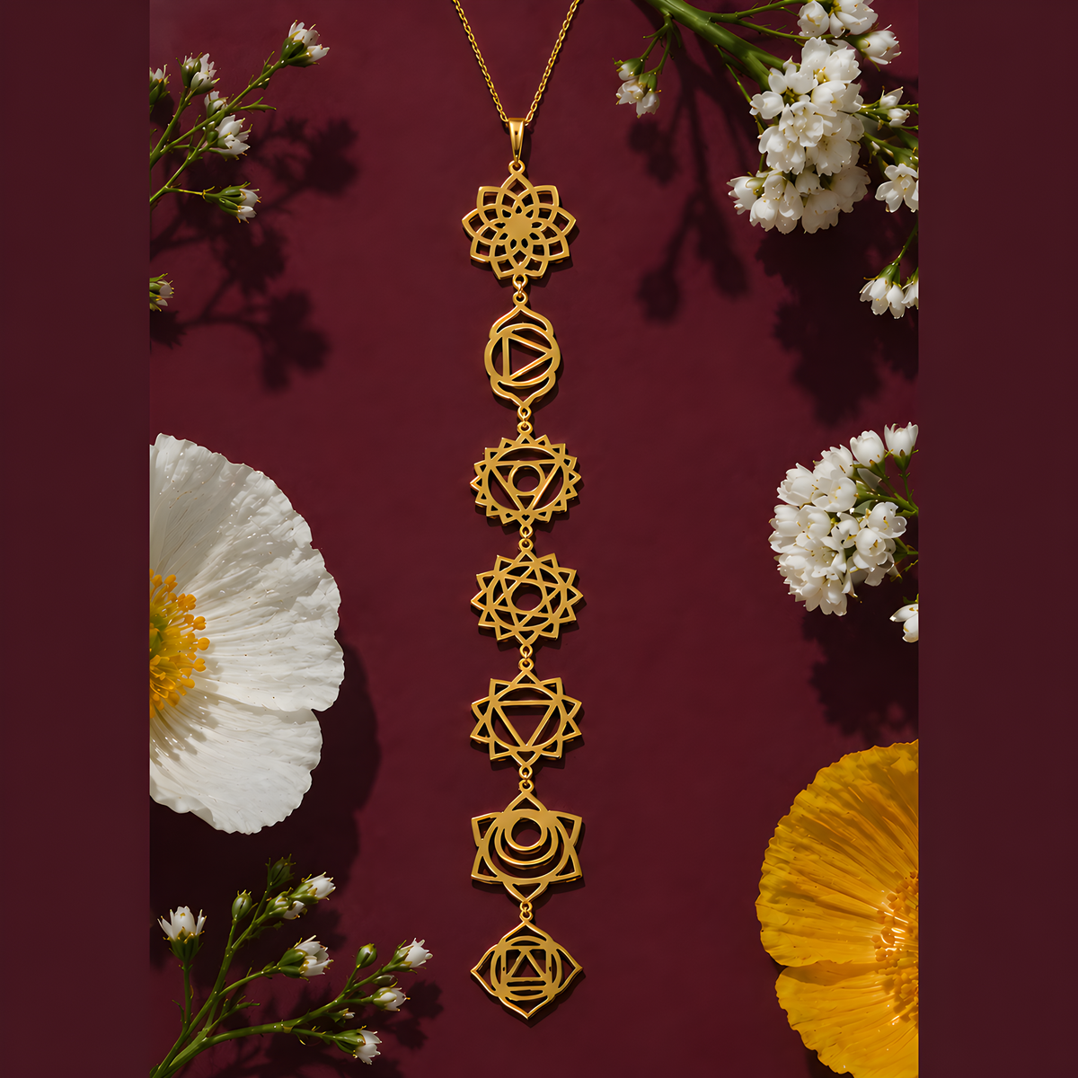 Gold pendant engraved with seven chakra symbols beside burgundy flowers