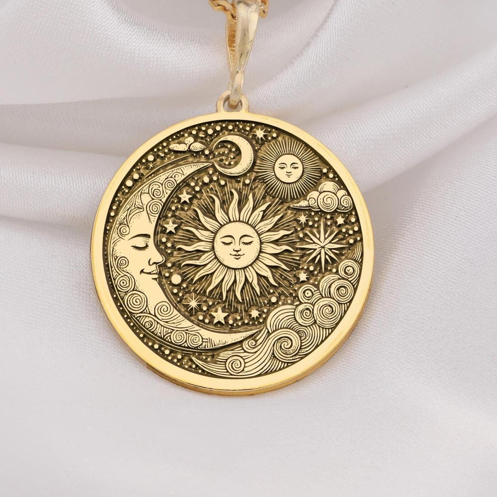 Personalized Signs: Zodiac, Name & Initial Jewelry Guide - Personalized Celestial Sun & Moon Pendant | 14K Solid Gold - Astrological Sign Guiding Light product image