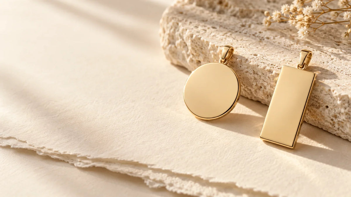 Blank round and rectangular gold pendants on ivory fabric