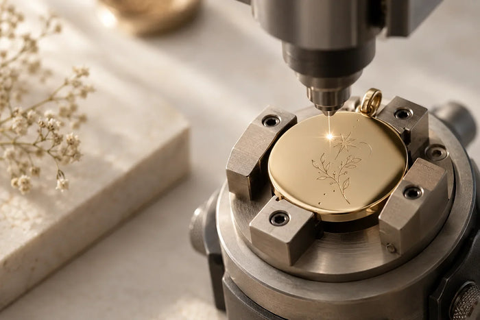 Fiber laser engraving a round gold pendant secured in a jeweler’s fixture