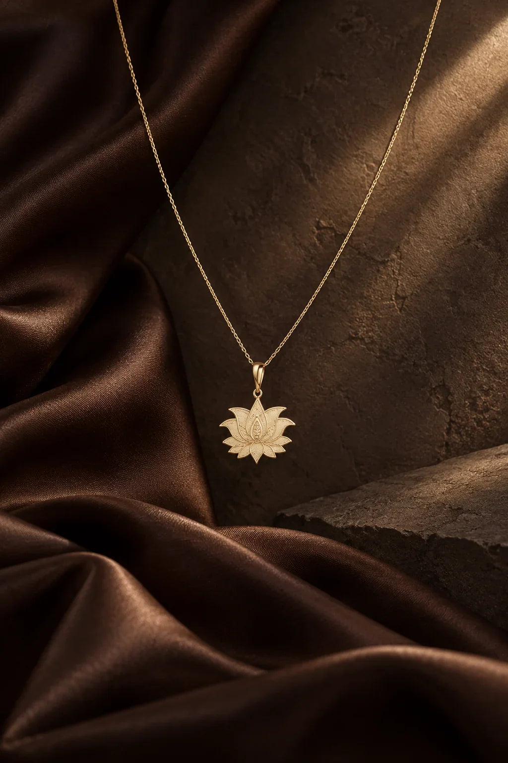 Gold lotus pendant and fine chain arranged on dark satin