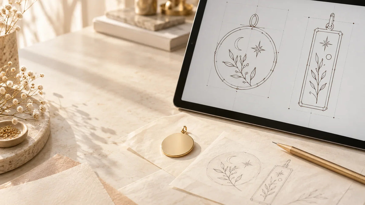 Pendant design sketches beside a blank gold disc on a jeweler’s desk