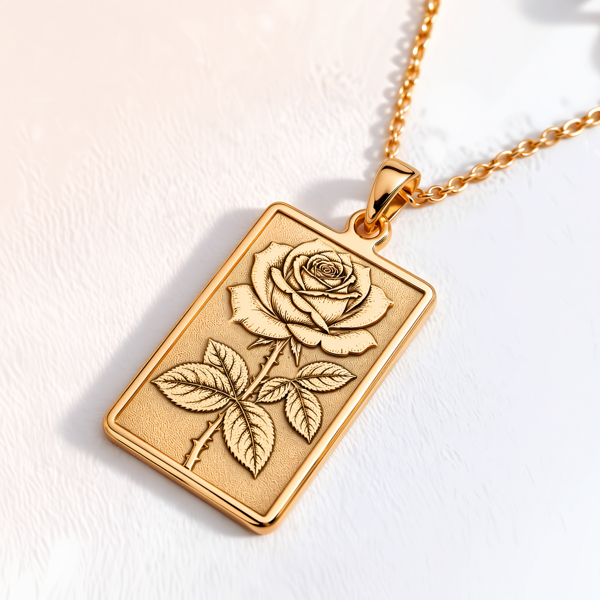 Rectangular gold pendant engraved with a rose flower