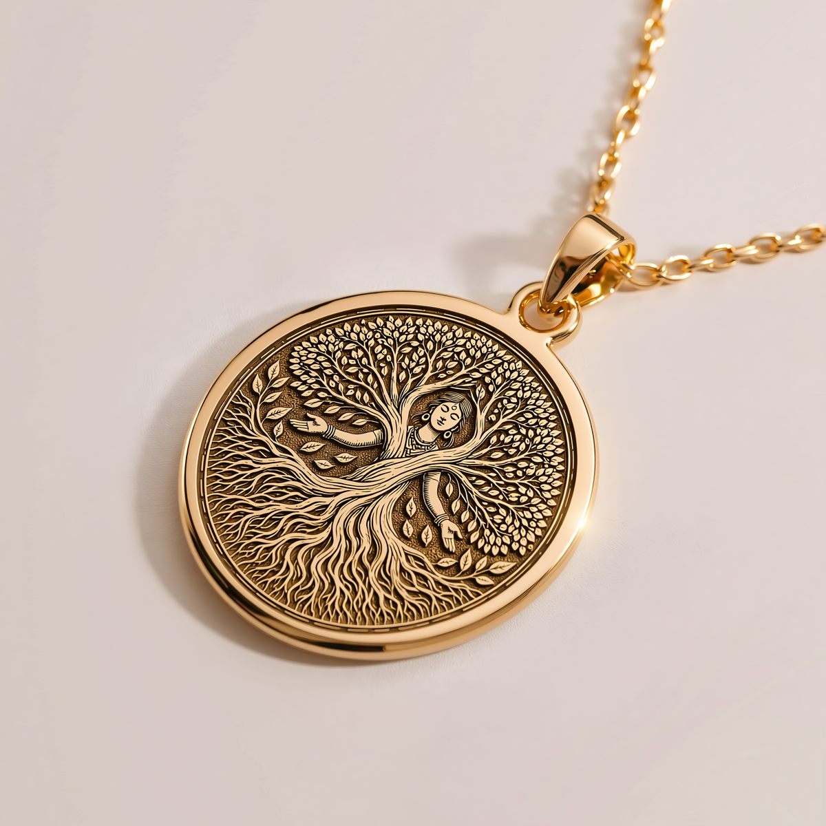Angled view of a round gold Tree of Life pendant