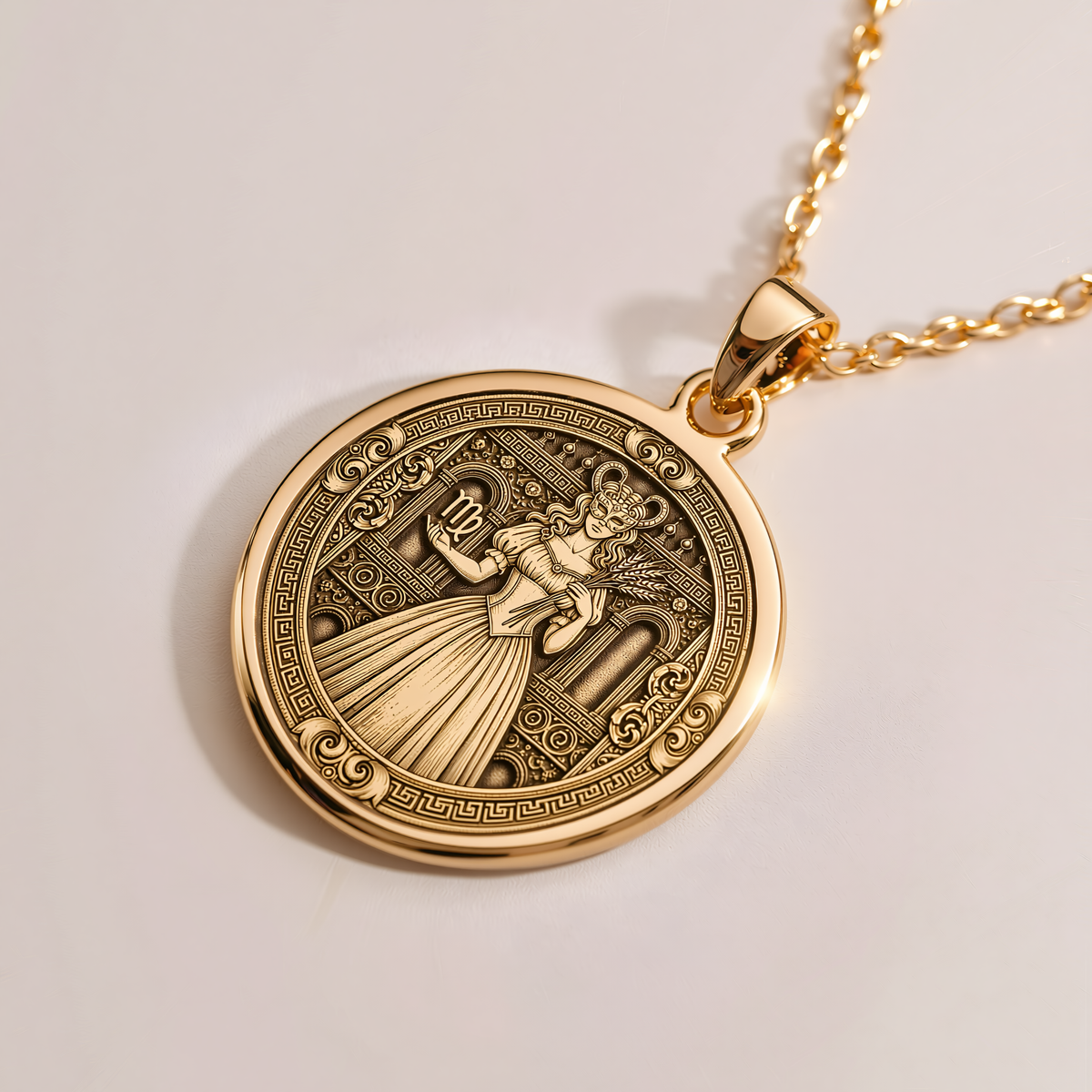 Angled view of an engraved Virgo-inspired gold medallion