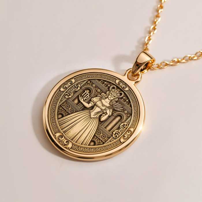 Angled view of an engraved Virgo-inspired gold medallion