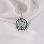 Magical 925 Sterling Silver cat medallion featuring a fluffy feline surrounded by moons and stars. Ideal for cat moms, pet memorials, or zodiac animal jewelry enthusiasts.