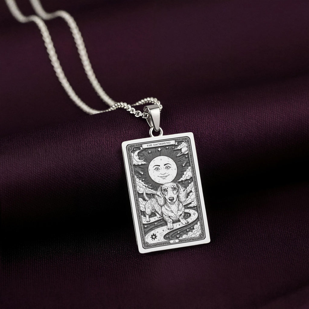 A striking 925 sterling silver Dachshund charm. The art shows the celestial dog, a meaningful piece of pet jewelry for a pet owner.