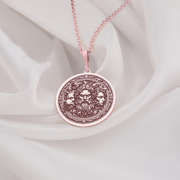 Rose Gold Plated Hades Necklace with Greek mythology-inspired design, featuring Cerberus and Thanatos. Handmade unisex gothic jewelry, an elegant and unique gift for mythology lovers and statement accessory enthusiasts.