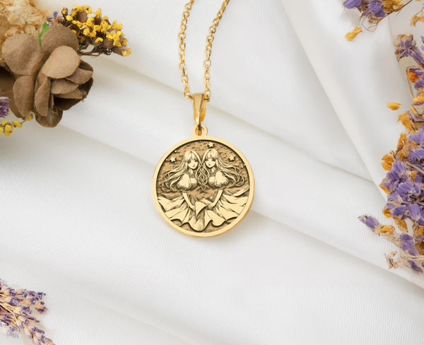 Gemini zodiac gold necklace, astrology-inspired jewelry, Gemini star sign pendant, celestial Gemini necklace, personalized Gemini gift, 14k gold Gemini zodiac necklace, horoscope jewelry for Gemini
