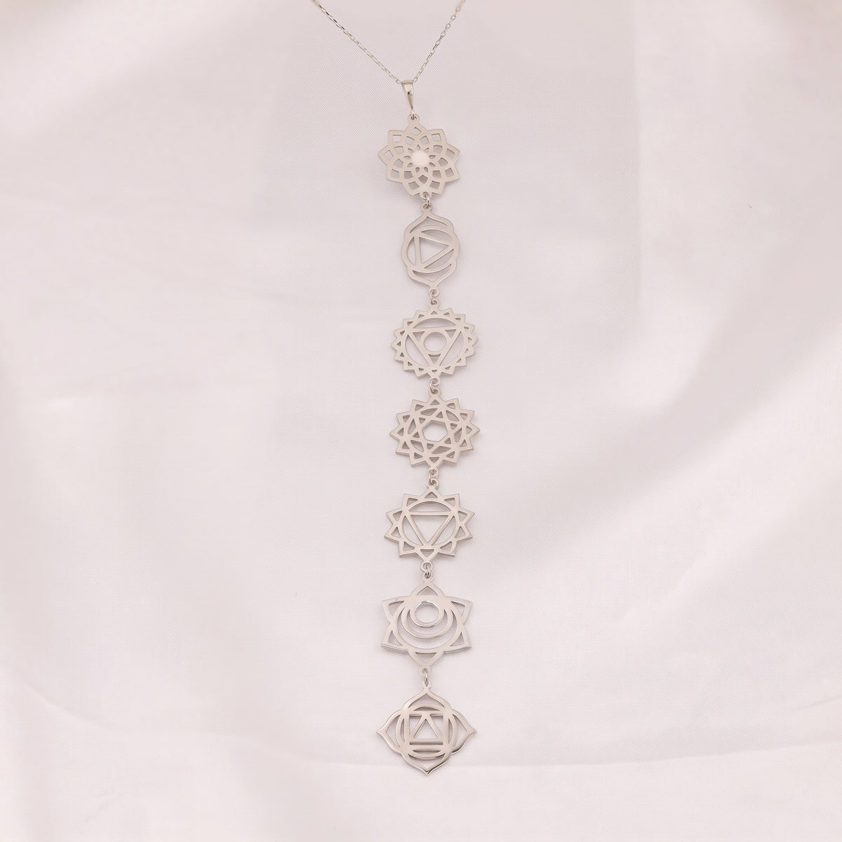 Solid 925 Sterling Silver 7 Chakras Cascade Y-Lariat Drop Necklace Studio Hero Shot on Ivory Silk