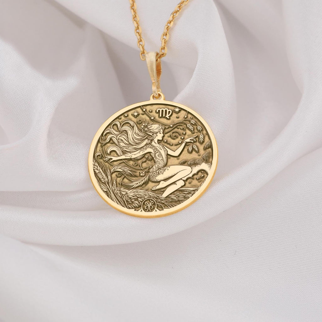 Solid gold Virgo pendant, a luxurious and meaningful statement jewelry piece for astrology fans.