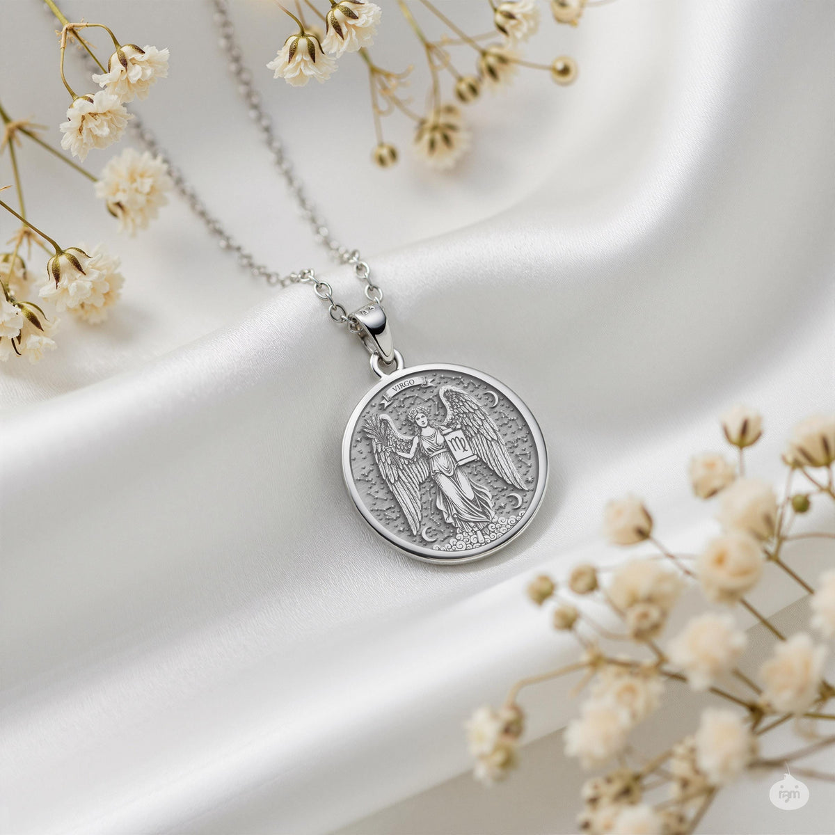 A striking 925 sterling silver celestial necklace showing the Virgo constellation symbol. The unique artwork features a graceful goddess, The Maiden, holding a sheaf of wheat.
