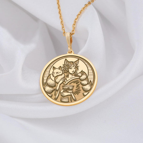 Kitsune girl charm Pendant, nine tails fox charm , Nine tails fox necklace , Kitsune girl gold necklace, Gold Kitsune amulet, Gold Kitsune Charm pendant, Gold kitsune chain, Kitsune disc pendant, Kitsune coin, Kitsune round necklace