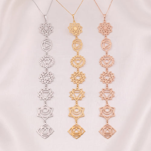 7 Chakras Cascade Drop Necklace in 3 Precious Finishes: Solid 925 Silver, 14K Yellow Gold, and 14K Rose Gold on Silk