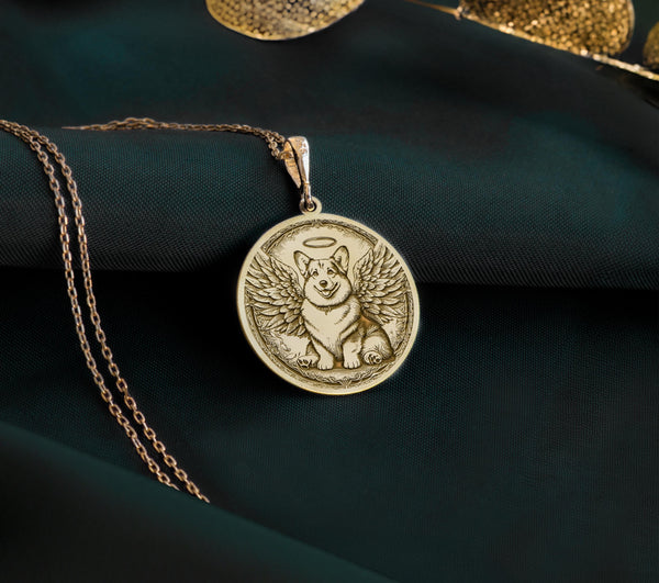 14K Gold Plated Pembroke Welsh Corgi Angel Dog Medallion with memorial symbolism. Detailed royal breed angel pendant with wings, halo and ornate elements. rainbow bridge jewelry gift representing eternal bond with departed beloved Corgi companion.