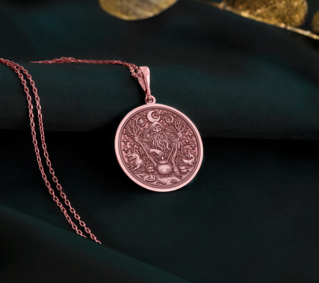 Rose gold plated forest witch pendant, reflecting the magical energy of the forest. Unique charm ideal for those wanting to connect with ancient forest spirits through an elegant rose gold amulet